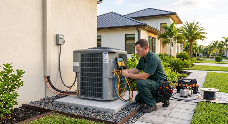 Professional technician installing a high-efficiency outdoor AC condenser unit in Apopka FL