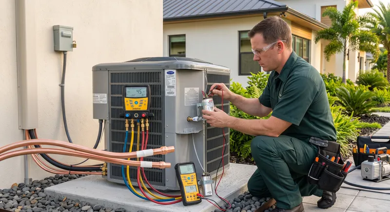 Technician performing 21-point AC maintenance tune-up and electrical testing in Apopka FL