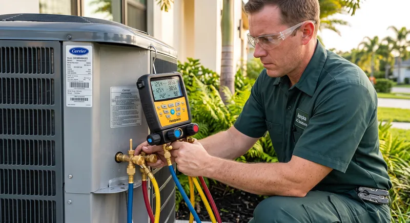 Experienced technician connecting digital gauges during AC repair in Apopka FL