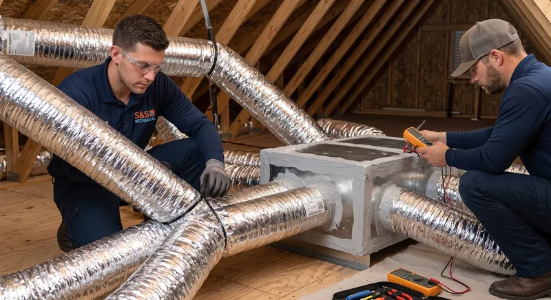 Technician inspecting R-8 insulated flex ductwork and mastic sealed plenums in Apopka FL attic