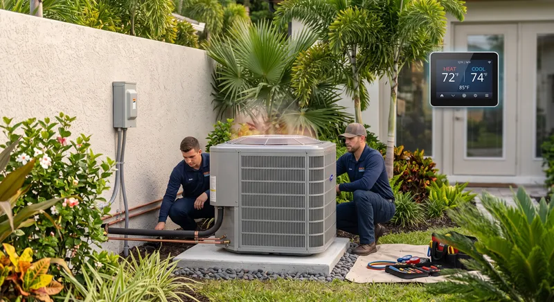High-efficiency dual-stage heat pump outdoor condenser unit in Apopka FL garden
