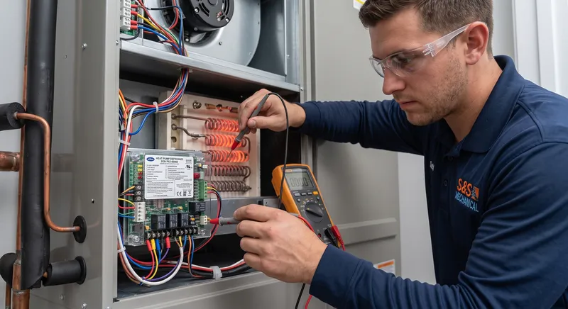 Technician testing electric heat strip elements and defrost controls in Apopka FL