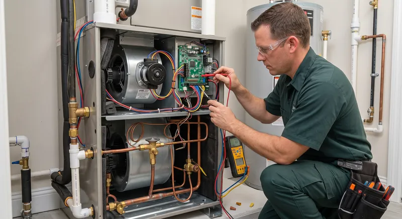 Experienced technician inspecting indoor air handler and blower motor in Apopka FL
